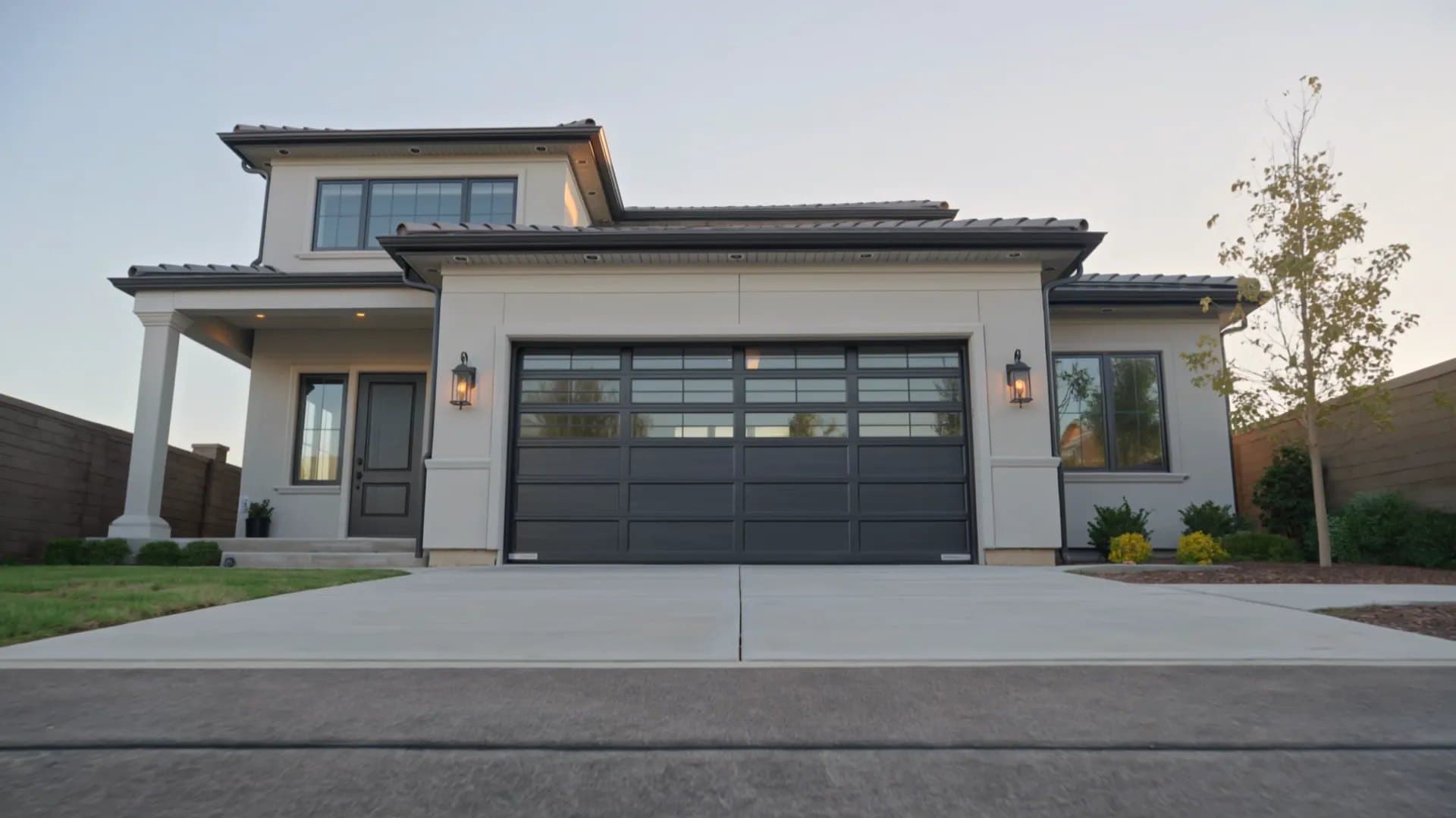 Modern San Antonio home with a wide garage door at golden hour